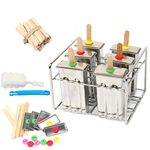 Yaekoo Set of 6 Stainless Steel Popsicle Mold and Rack Set - Homemade Ice Treat Makerwith 50 Bamboo Sticks and 6 Silicone Seals and Bonus Cleaning Brush