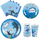 WERNNSAI Shark Party Supplies Set - 64PCS Ocean Shark Birthday Party Paper Plates Cups Napkins Tableware for Boys Kids Baby Shower Blue Shark Summer Pool Party Decor