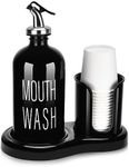 BYAWAY Glass Mouthwash Dispenser with Cup Holder, Mouthwash Set for Bathroom,16 OZ Refillable Mouthwash Bottle Container with 14 Mouthwash Cups,Funnel (Black)