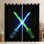 Lightsaber Theme Blackout Curtain(30-50%) Kids Science Fiction Light Saber Curtains for Boys Girls Teens Blue Green Light Sword Darkening Curtain Window Drapes Room Decor (2 Panels, 52 x 84 Inch)