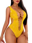 Avidlove Woman Fishnet Body Suits Rhinestone Bodysuit Mesh Lingerie Sexy Fishnets Lingerie Sparkle Bodysuit Teddy Lingerie Yellow