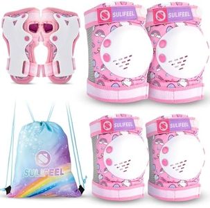 SULIFEEL Rainbow Unicorn Knee Pads for Kids Knee Elbow Pads Wrist Guards with Drawstring Bag Adjustable Protective Gear Set for Girls Roller Skating Bike Cycling Skateboard Scooter Unicorn Pink Medium