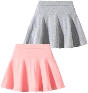 Fdqin 2 Pack Little Girls Skirts Skorts Elastic Flared Plain Cotton Athletic Pleated Skirts Built-in Shorts Pink/Gary 5-6 Years