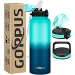 GOPPUS 40 oz Insulated Water Bottle with Straw Stainless Steel Sports Flask with 3 Lids (Straw, Spout and Handle Lid) Wide Mouth Metal Water Bottles Keep Hot and Cold for Men Women (Green Blue)