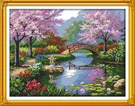 YEESAM ART Unstamped Cross Stitch Kits for Adults, Garden Pink Cherry Trees Bridge 14ct Counted Unprinted Embroidery Kit Needlework Wall Art Decor