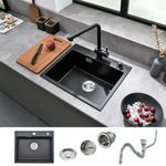 Bokaiya Black Kitchen Sink, 40x45cm Small Kitchen Sink, Drop in Topmount Sink, Quartz Composite Kitchen Sink Waste Kit, Deep Single Bowl Campervan Sink, with 2 Tap Holes, Bar Sink