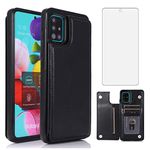 Asuwish Compatible with Samsung Galaxy A51 5G/A 51 5G UW Verizon Wallet Case and Tempered Glass Screen Protector Card Holder Cover Stand Cell Phone Cases for Glaxay 51A G5 Gaxaly S51 Women Men Black