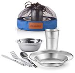 Wealers Unique Complete Messware Kit Polished Stainless Steel Dishes Set| Tableware| Dinnerware| Camping| Buffet| Includes - Cups | Plates| Bowls| Cutlery| Comes in Mesh Bags (Single Person Blue)