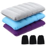 3Pcs Inflatable Flocking Pillow, Soft Flocked Blow Up Cushion, Travel Camping Pillow, Ultralight Compressible Cushion, Compact Air Pillow with 3 Storage Bags, Waterproof Beach Pillow for Hiking Picnic