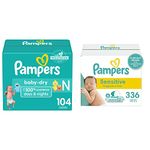 Pampers Baby Dry Diapers Size 0/Newborn 104 Count + Pampers Baby Wipes Sensitive Perfume Free 6X Pop-Top Packs 336 Count