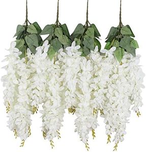 Duovlo Silk Wisteria Flower Artificial 2.13 Feet Hanging Wisteria Vine Fake Flower Bush String Home Party Wedding Decoration,Pack of 4（White）