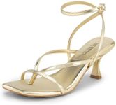 DREAM PAIRS Women's kitten Low Strappy Lace Up Heels Open Square Toe Thong Ankle Strap Heels Sexy Fashion Comfort Dress Shoes Party Sylvestra Pumps Heeled Sandals,Size 9,Gold-Pu,SDHS2405W