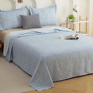 Story@Home King Size Bedsheet with 2 Pillow Covers | Cotton Linen Bedsheets for Double Bed | 240 TC | Blue & White | Stripes | 250 x 270 cm Bedsheet for Double Bed King Size