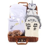 Newborn Baby Gift Set, Baby Birth Gift for Boys and Girls, 7 in 1 Set - A Baby Blanket, Lovey Security Blanket, Bib, Wooden Rattle Toy, Socks, Welcome Card, Deluxe Gift Box