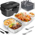 Electric Lunch Box Food Heater - 80W Fast Heating Lunch Box Dual 1.5L Removable SS Containers Portable Food Warmer for Car（12V/Truck（24V/ Office(110V)/ Work/Travel Use - Ideal for Men, Women, Adults