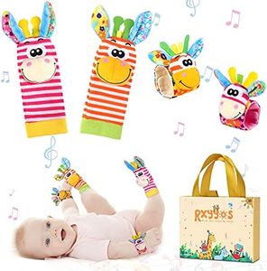 Calcetines Sonajero Bebé, Sonajero Calcetines y Muñequeras para Bebé Recién Nacido Traqueteo de Bebe Niños Juguete Sonajero Muñeca y Pies Juguetes de Desarrollo Animales Suaves (Color 1)
