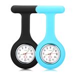 Anpro Silicone Nurse Watch with Brooch Pocket Clip, Glow in The Dark, 2 Pack Fob Medical Watches for Doctors, Paramedics, Nurses - Black and Blue