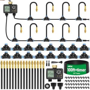 MIXC Drip Irrigation System with Timer,1/4" 100Ft Automatic Garden Watering Kit with 16pcs 360°Adjustable Brass Nozzles & Bendable Rod,for Outdoor Plants,Lawn,Raised Bed,Potted Plant,Yard,Greenhouse