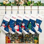 GEX Personalized Christmas Stockings Embroidered 3 Pack Custom Name for Family 20" Large Blue Fluffy Christmas Stocking Cartoon Applique Large Hanging Ornament Decoration Xmas Season (Set of 3)