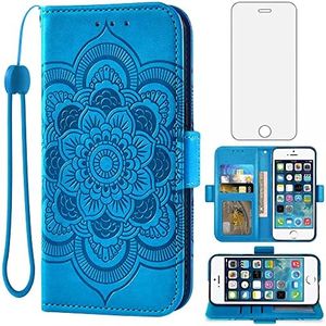 Asuwish Compatible with iPhone 5S 5 SE 2016 5SE Wallet Case and Tempered Glass Screen Protector Flip Card Holder Cell Phone Cover for iPhone5 iPhone5s iPhoneSE iPhone6se i 6SE iPhone5se Women Men Blue