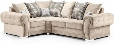 VERONA GREY SUEDE FABRIC LARGE CORNER SOFAS Scatter Back Suite Set Living Room Furniture (Beige, RIGHT HAND SIDE 220X160 Cm)