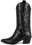 Mattiventon Cowgirl Boots for Women Vintage Embroidery Cowboy Boots Pull on Mid Calf Western Boots, Black, 10