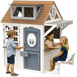 Albott Kids Outdoor Wooden Playhouse with Kitchen Set, Chalkboard, Durable Fir Wood Construction with Waterproof Roof & Rust-Resistant Hinges, Pretend Playhouse for 3–8 Years Old Boys & Girls