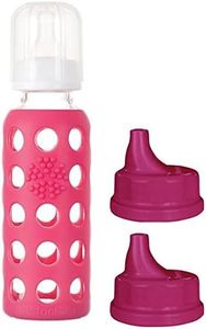 Lifefactory Glass Baby Bottle 9oz and 2 Transitioning Sippy Caps (Raspberry)