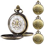 TREEWETO Mechanical Personalized Engraved Pocket Watch Skeleton Bronze Double Cover Roman Numerals Dial Personalized Gift with Box and Chain for Men Gift for Dad Son