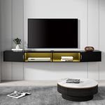 WAMPAT Floating TV Stand Wall Mounted Shelf with Yellow Lights,Wood Media Console Entertainment Center Under TV,Cabinet Hutch Desk Storage for Home and Office,Black