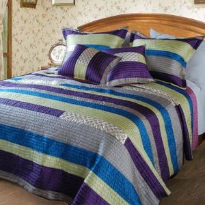 DaDa Bedding Satin Quilt Twin Size Striped Purple Silver DXJ106227 Luxury Shiny Silk Satin Patchwork Quilted Purple Coverlet Bedspread 3-Piece Quilted Striped Quilt Set, Twin