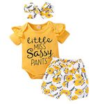 FYMNSI Newborn Baby Toddler Girl Little Miss Sassy Cotton Short Sleeve Romper Top Floral Shorts Pants with Bowknot Headband 3pcs Clothes Set for First Birthday Party Cake Smash Casual Yellow 6-12M