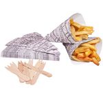 West5Products 25 Newsprint Design Food Safe Chip Shop Cones with Forks