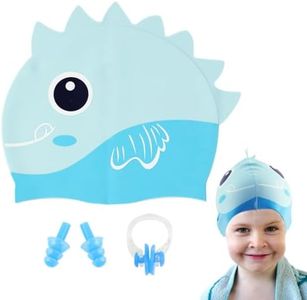 Proberos® Kids Swimming Cap, Silicone Cap with Nose Clip & Earplugs Blue Cartoon Dinosaur Stretchy Hat Comfortable Swim for Boys & Girls Age 3-12