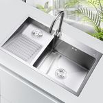 Laundry Utility Sink With Washboard Stainless Steel Kitchen Sink Household Pool Balcony Room Wash Basin Easy Clean Double-Bowl (with Faucet, 800mm/31.5Inch)