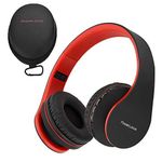 PowerLocus Wireless Bluetooth Over-Ear Stereo Foldable Headphones, Wired Headsets Rechargeable with Built-in Microphone for iPhone, Samsung, LG, iPad (Black/Red)