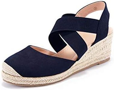 Nailyhome Womens Closed Toe Espadrilles Wedge Sandals Platform Elastic Closure Mid Heel Sandals, Navy, 8.5