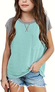 Imily Bela Girls Summer T Shirts Casual Cap Sleeve Crewneck Raglan Tops with Pocket Light Green