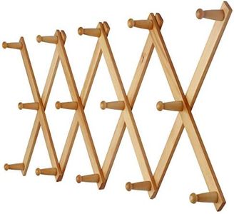 Dseap Accordian Wall Hanger: 16” High Wooden Wall Expandable Coat Rack, Hat Rack Holder, Accordion Hook for Baseball Caps, Coats, Mugs, 14 Peg Hooks, Natural