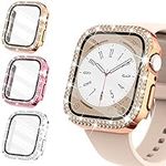 Wingle 3-Pack Compatible for Apple Watch Screen Protector 40mm SE Series 6 5 4 Women Shiny Diamond Cover with Tempered Glass Screen Protector for iWatch Case 40mm SE Series 6 5 4(Rose Gold,Pink,Clear)