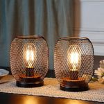 JHY DESIGN Set of 2 Bedside Lamps Battery Powered, Table Lamp 17cm High Vintage Cage Battery lamp for Living Room Bedroom Home Weddings Balcony Party Lounge Indoor Hallway Garden (Round Shape)