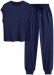 BTFBM Women's Two Piece Tracksuit Short Sleeve Tops Long Pants With Drawstring Outfits Jogger Sets, Solid Navy, Medium