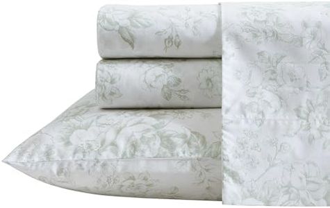 Laura Ashley - Queen Bed Sheets, Cotton Percale Bedding Set, Floral Print, Dorm Essentials (Toile Delight Green, Queen)