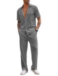 COOFANDY Men's 2 Piece Outfit Casual Short Sleeve Button Down Shirt Beach Summer Loose Pant Sets, Dark Grey, Medium