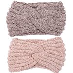 BEGOOD 2Pcs Knitted Turban Headbands for Women Crochet Hair Bands Winter Warm Bulky Stretchy Ear Warmers Twist Head Wraps for Girls Criss Cross Headbands Plain Headwrap Workout Hair Accessories Grey and Pink