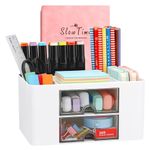 Wlevzzor Creative & Simple Desk Organiser, 7 Grids, Plastic Table Organiser with Drawer, Multifunctional Desk Organiser, Pen Holder for School, Office, Home (White)