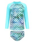 Big Girls Mermaid Rash Guard Swimsuits Set Two Piece Bathing Suits Long Sleeve Hawaiian UPF 50+ Swimwear Set for Kids Green Size 10/8-10