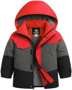 GEMYSE Boys Winter Coat Waterproof Windproof Boys Ski Jacket with Hood Kids Insulated Quilted Outerwear(Oriental Red & Grey Black,10/12)