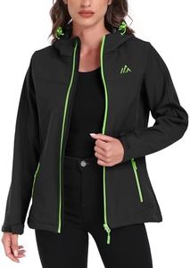 USHARESPORTS Women's Softshell Jacket Lightweight Fleece Lined Waterproof Coats Rain Jacket with Hood for Outdoor Hiking black green XL