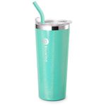 Bluwing Insulated Coffee Tumbler, 24 oz Tumbler with Lid and Straw-Stainless Steel Vacuum Insulated Coffee Mug, Sweat Proof (Glitter Teal)